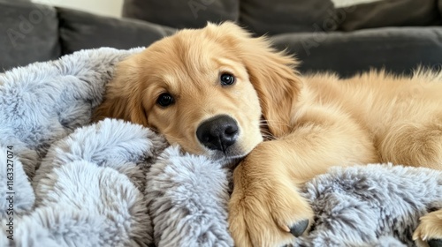 A fluffy Golden Retriever puppy lying on a soft blanket, gazing up with big, soulful eyes in a cozy indoor setting