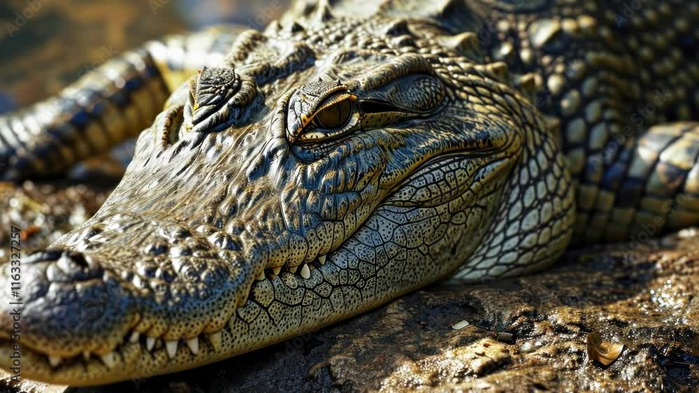 A detailed close up of a crocodile sunbathing by water, showcasing its scales and natural habitat in a tranquil environment A detailed close up of a crocodile sunbathing by water, showcasing its scales and natural habitat in a tranquil environment