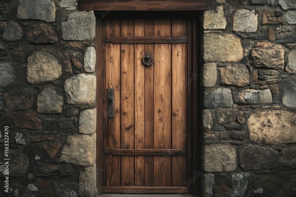 Rustic wooden door set in a stone wall, featuring iron accents. Perfect for rustic, medieval, or fantasy themes. Rustic wooden door set in a stone wall, featuring iron accents. Perfect for rustic, medieval, or fantasy themes.