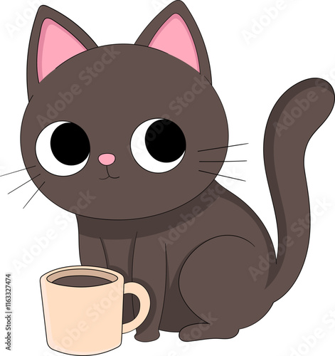 Adorable Black Cat Sitting with Coffee Mug in Cute Cartoon Style