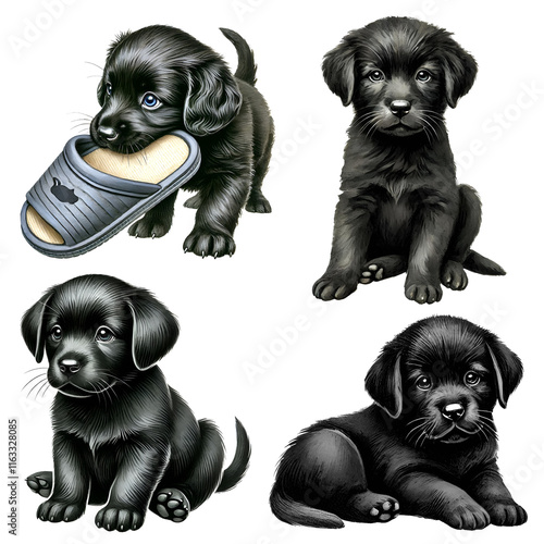 Set of cuteness black puppy watercolor art