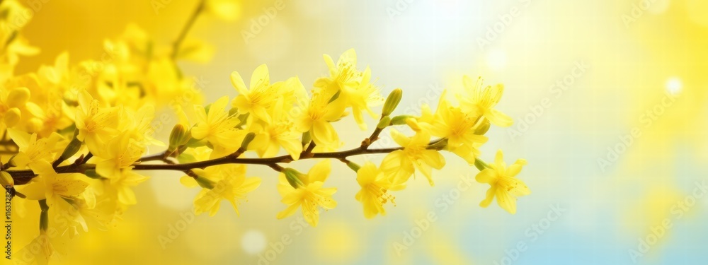 Beautiful Forsythia Flowers Blooming in Spring with Bright Yellow Color Against a Soft Background of Sunshine and Blurred Colors Beautiful Forsythia Flowers Blooming in Spring with Bright Yellow Color Against a Soft Background of Sunshine and Blurred Colors