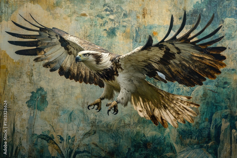 Fototapeta premium Majestic eagle in flight, wings spread wide against a textured background. Perfect for projects needing power, freedom, and wildlife themes.