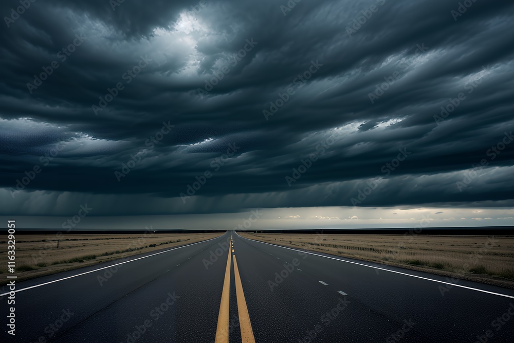 Fototapeta premium A dramatic winding road stretching toward a brewing storm under dark, brooding clouds, creating a powerful natural spectacle.