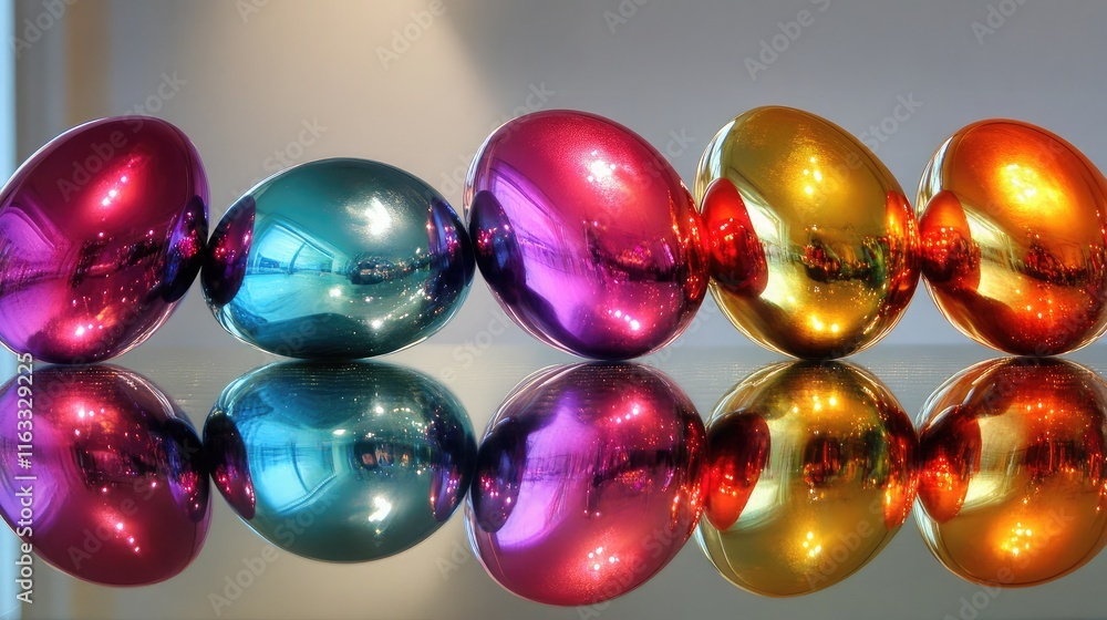 Colorful Metallic Eggs Reflecting on Surface in Modern Setting with Soft Lighting and Abstract Background Colorful Metallic Eggs Reflecting on Surface in Modern Setting with Soft Lighting and Abstract Background