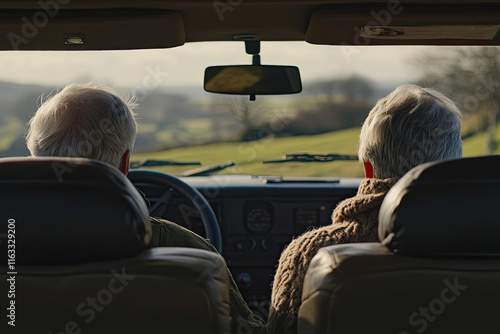 Senior couple going for a drive in the countryside, enjoying the scenery photo