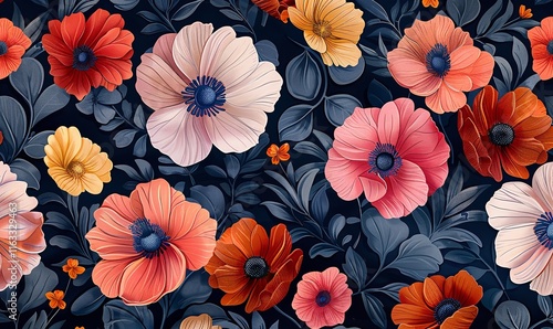 Wallpaper Mural Pattern of floral liberty. Fashion, tapestries, and prints with a plant background. This contemporary floral design is ideal for both fashion and décor, Generative AI. Torontodigital.ca