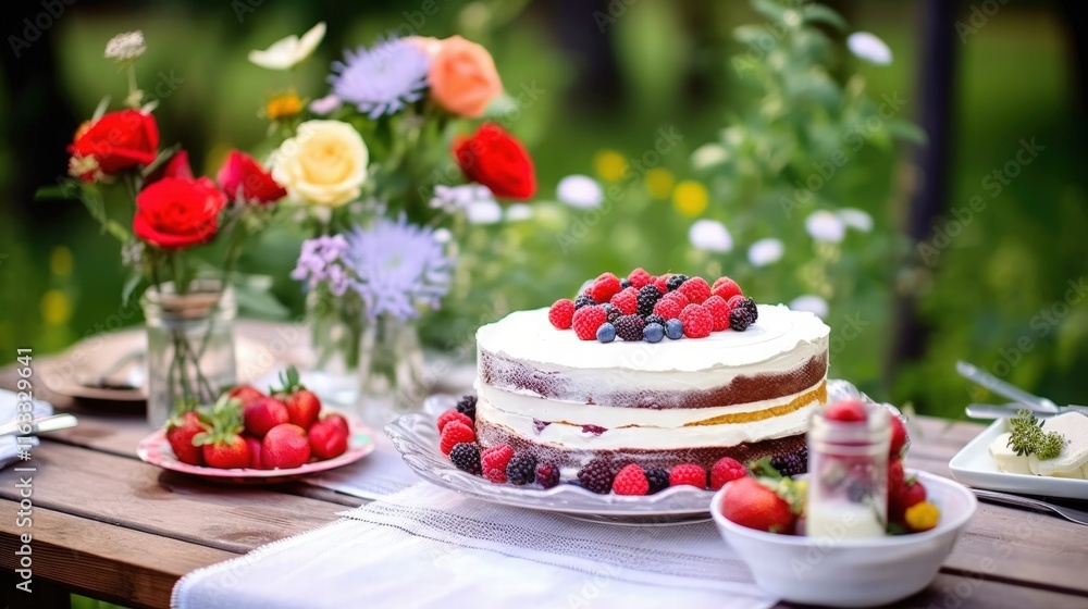 Delicious and Colorful Cake Topped with Berries Served on a Garden Table Surrounded by Fresh Flowers and Fruit Delicious and Colorful Cake Topped with Berries Served on a Garden Table Surrounded by Fresh Flowers and Fruit