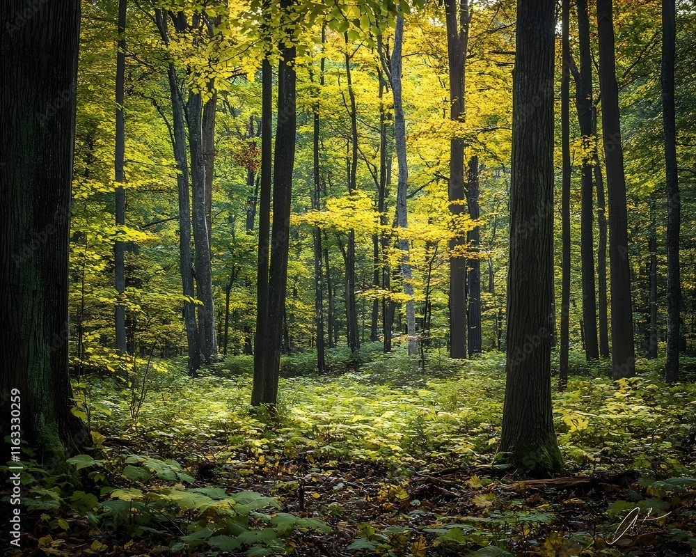 Fototapeta premium Golden Autumn Forest Sunlight, Fall Woods, Nature Scenery