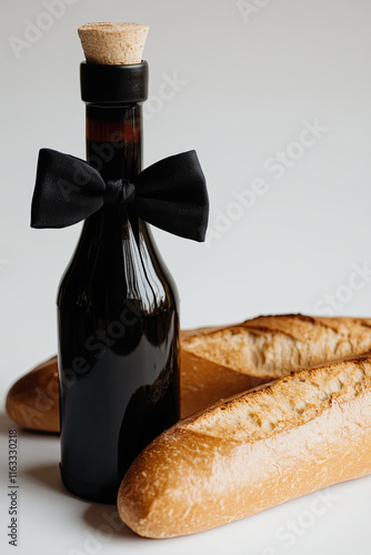 A bottle of balsamic vinegar with a bowtie, dancing with a baguette photo