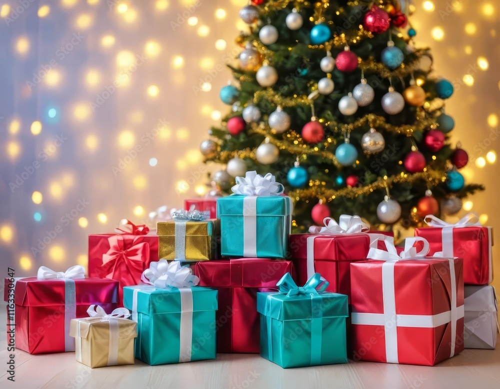 A Christmas tree with colorful lights and presents underneath A Christmas tree with colorful lights and presents underneath