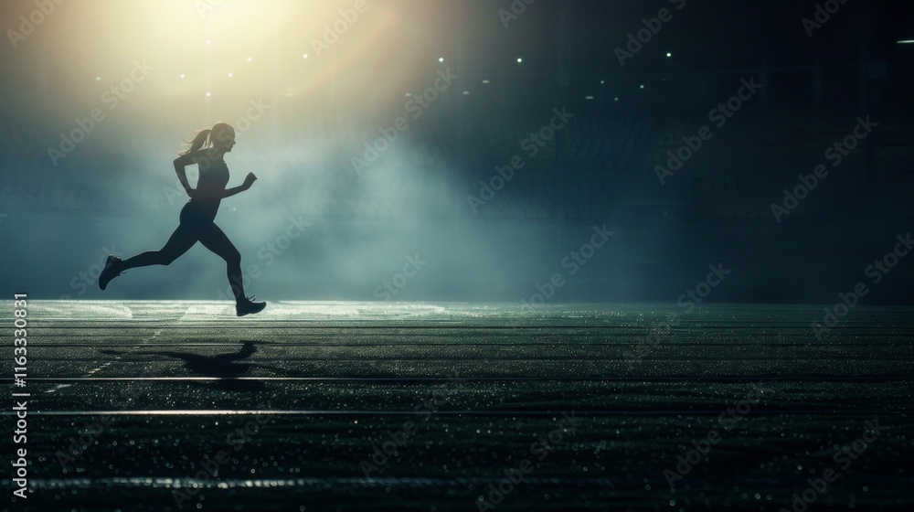 Naklejka premium Night Runner: Silhouette of a Female Athlete Running on a Track Under Dramatic Lighting