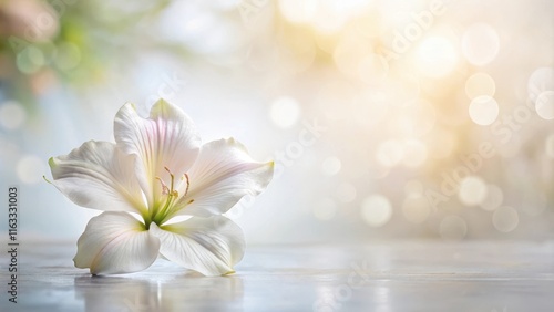 Serene White Lily Blossom on a Reflective Surface with a Soft Bokeh Background