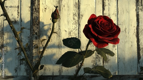 Red Rose Against Weathered Wooden Background