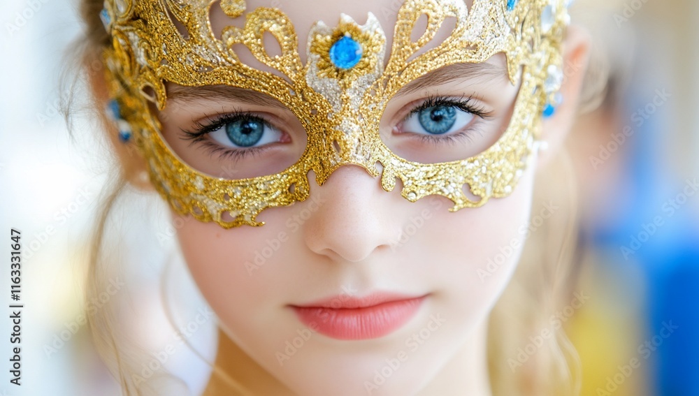 A girl in a decorative mask with blue accents, gazing intently. A girl in a decorative mask with blue accents, gazing intently.