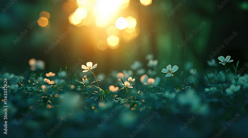 Sunset Meadow: Delicate White Flowers in Soft Light Sunset Meadow: Delicate White Flowers in Soft Light