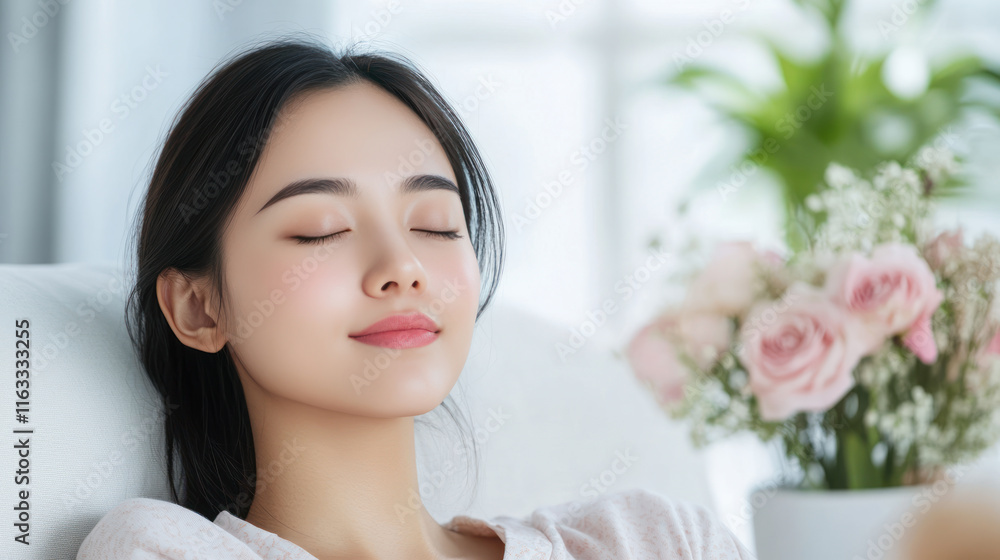 Indonesian woman in pajama sitting on comfortable sofa with eyes closed and relaxing Indonesian woman in pajama sitting on comfortable sofa with eyes closed and relaxing