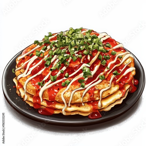 Japanese food okonomiyaki national cuisine dish isolated on white background, colorful cartoon illustration photo