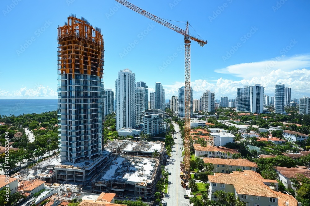 Fototapeta premium High-rise building under construction near ocean. Illustrates urban development and real estate growth.