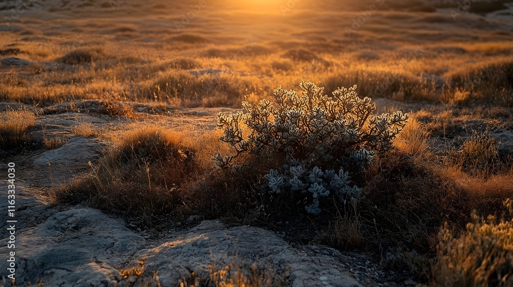 Sunset Desert Landscape: Golden Hour Light on Arid Plants and Rocks Sunset Desert Landscape: Golden Hour Light on Arid Plants and Rocks