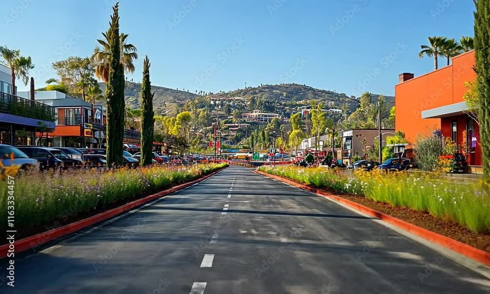 Scenic Roadway in a California Town, Shops and Hills Scenic Roadway in a California Town, Shops and Hills