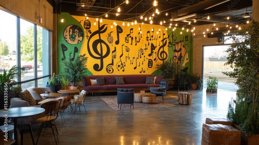 Fototapeta premium Vibrant music-themed lounge with colorful mural, comfy seating, and potted plants.