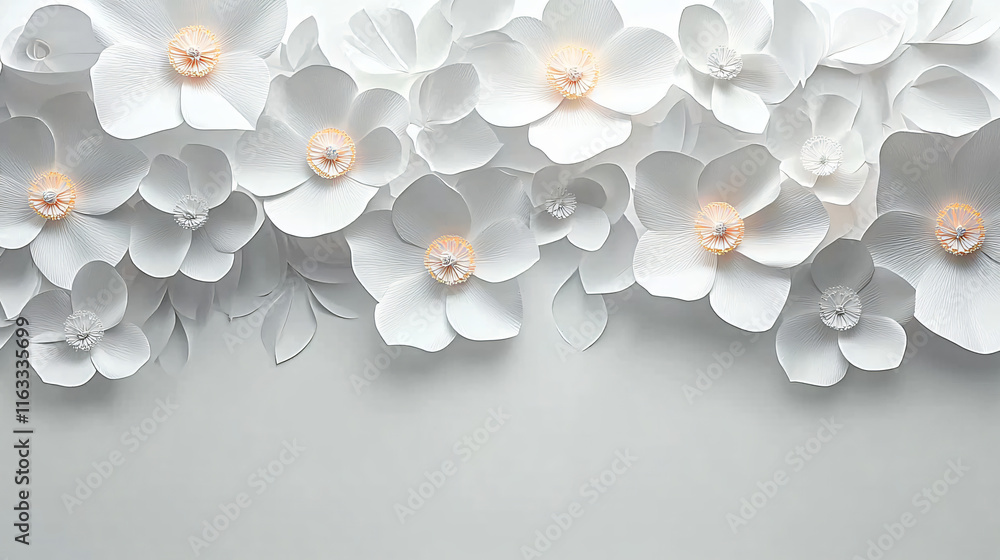 Artistic arrangement of white paper flowers on a minimalist background, perfect for invitations, weddings, or serene decor themes emphasizing elegance and purity. Artistic arrangement of white paper flowers on a minimalist background, perfect for invitations, weddings, or serene decor themes emphasizing elegance and purity.
