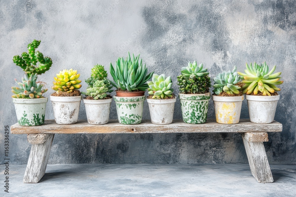 A Beautiful Arrangement of Succulent Plants in Decorative Pots on a Rustic Wooden Bench Against a Textured Gray Background for Indoor Decor A Beautiful Arrangement of Succulent Plants in Decorative Pots on a Rustic Wooden Bench Against a Textured Gray Background for Indoor Decor