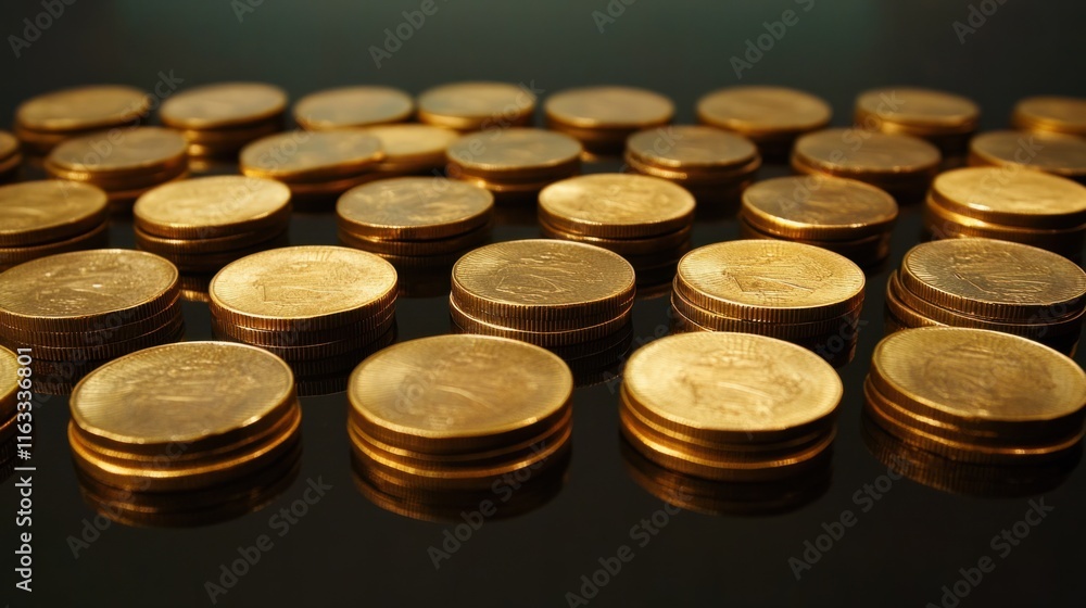 Stacks of golden coins casting soft reflections, arranged symmetrically on a clean black surface Stacks of golden coins casting soft reflections, arranged symmetrically on a clean black surface