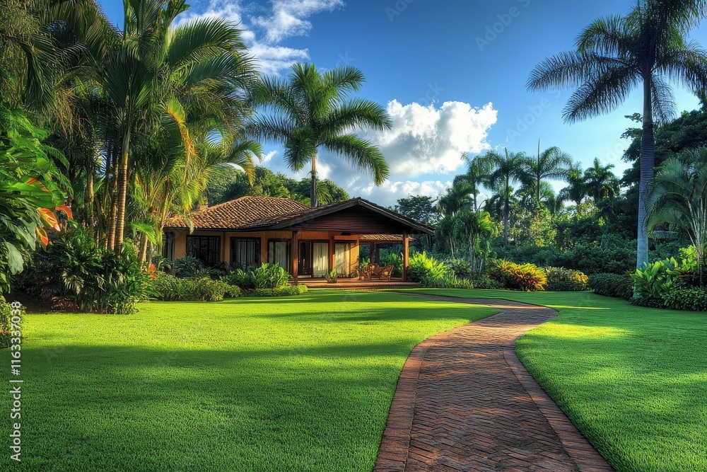 Obraz premium Tropical house nestled in lush garden, brick path leading to entrance. Ideal for real estate, travel, or luxury lifestyle websites.