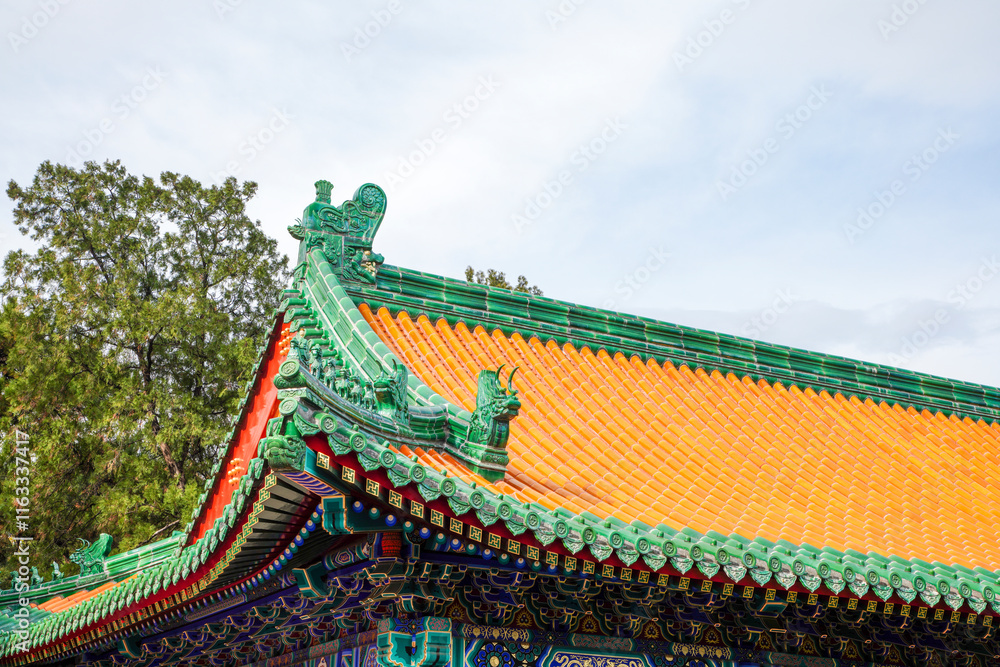 Chinese glazed roof tile roof of Tibetan architecture in Xumi Lingjing Scenic Area, Summer Palace, Beijing
