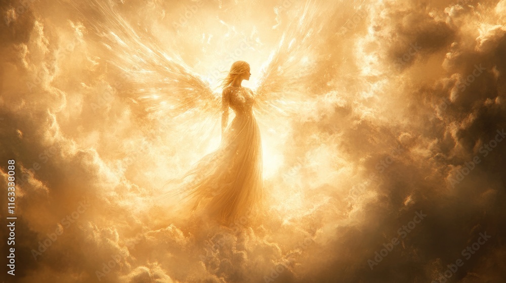 A luminous figure with wings stands amidst golden clouds, symbolizing hope and divinity. A luminous figure with wings stands amidst golden clouds, symbolizing hope and divinity.