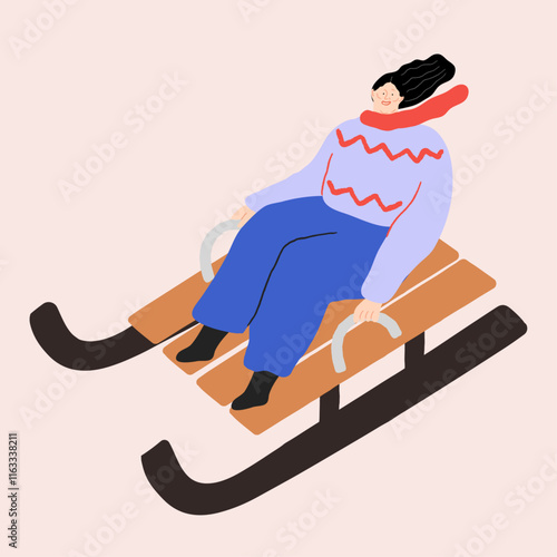 Person on a Sled vector Illustration. Winter Activity.
