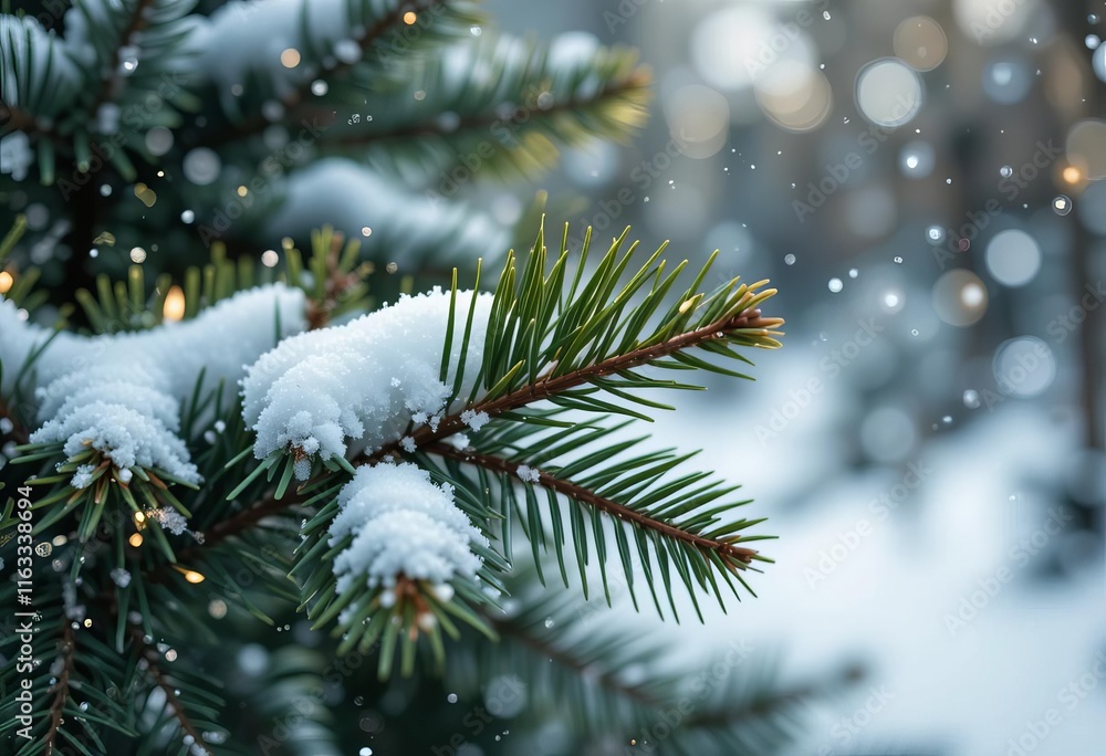 Pine leaves covered in snow, with a snowy background and Christmas lights in the distance