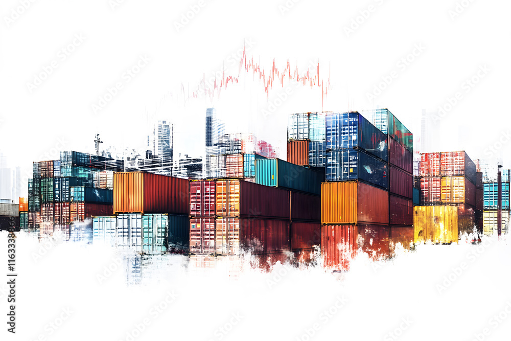 Obraz premium Stack of container with stock finance market graph symbolizing global trade import, export logistics transport. Economic movement against clean professional white background. Global Demand and Supply.