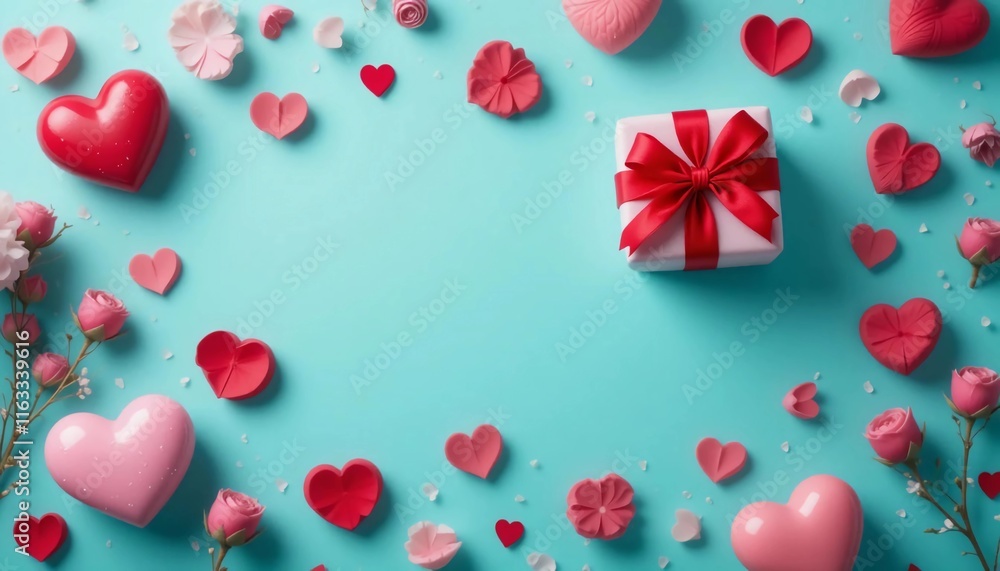 Valentine's Day background, balloon with hearts shape, gift wrapped with a red ribbon and flower buds