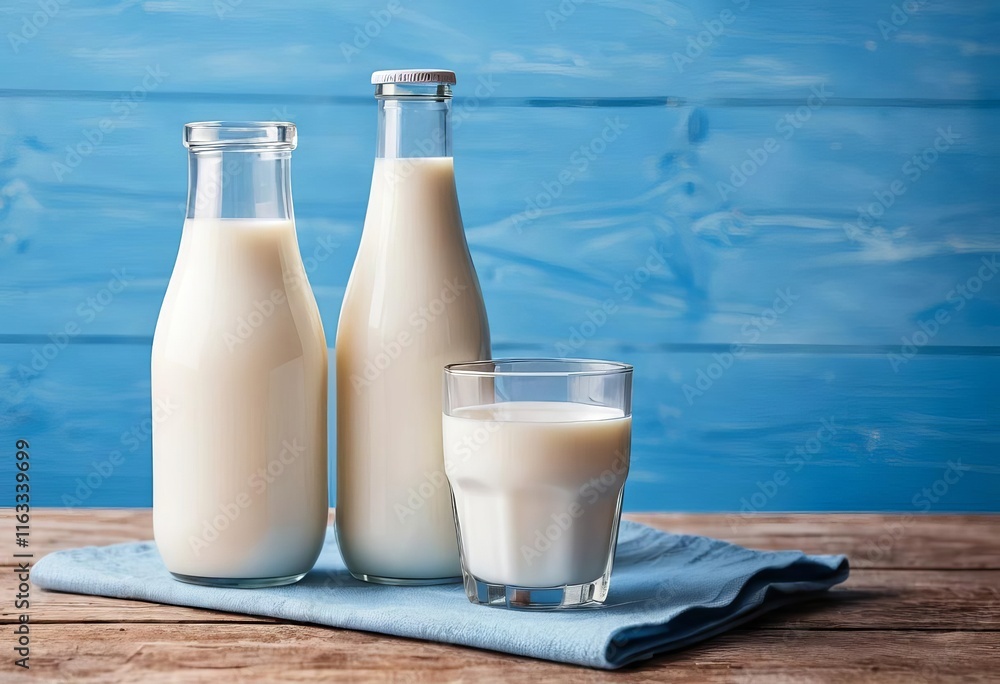 A bottle and glass of milk on a wooden table, with a blue background and a splash of milk in the foreground A bottle and glass of milk on a wooden table, with a blue background and a splash of milk in the foreground