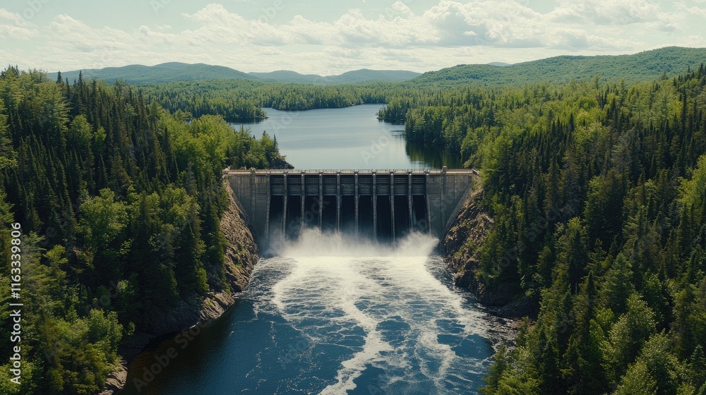 An impressive view of a large dam holding back a vast body of water, surrounded by trees and vegetation, illustrating the harmony between nature and infrastructure An impressive view of a large dam holding back a vast body of water, surrounded by trees and vegetation, illustrating the harmony between nature and infrastructure