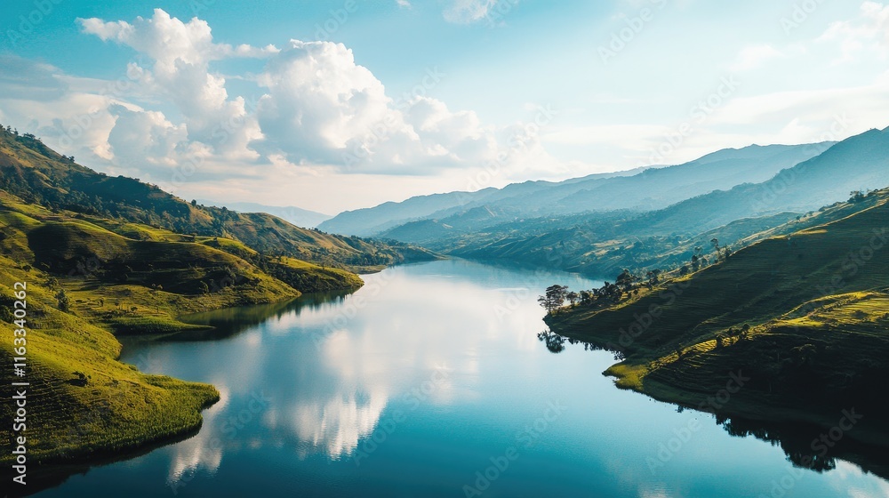 A breathtaking aerial view of a massive water reservoir surrounded by lush green hills and mountains, showcasing the vastness of the water body reflecting the sky A breathtaking aerial view of a massive water reservoir surrounded by lush green hills and mountains, showcasing the vastness of the water body reflecting the sky
