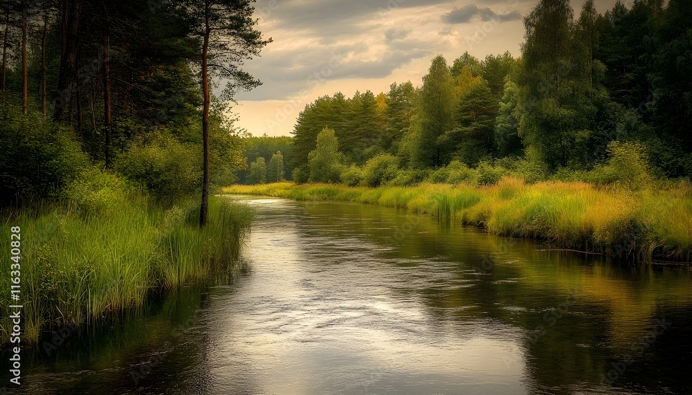 Serene River flowing through lush green forest under a cloudy sky Serene River flowing through lush green forest under a cloudy sky