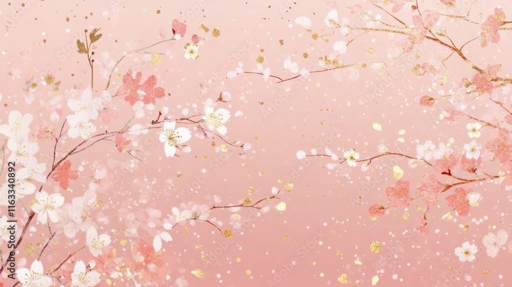 A luxurious pink Japanese-style paper design with shimmering gold speckles and delicate floral patterns for New Year