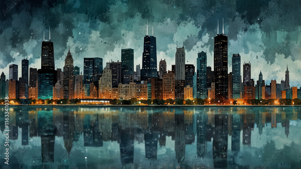 Obraz premium Painterly illustration of the Chicago skyline at night with dramatic clouds and illuminated skyscrapers reflected in Lake Michigan's water.