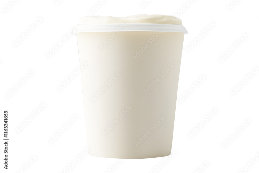 Luxurious plastic cup filled with cream yogurt elegantly isolated on cut out PNG or transparent background. Themes related to products. Show premium and appetizing appeal. Copy space for text. Luxurious plastic cup filled with cream yogurt elegantly isolated on cut out PNG or transparent background. Themes related to products. Show premium and appetizing appeal. Copy space for text.