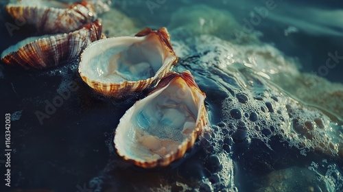 Seashells on the Ocean Shore: A Coastal Summer Scene photo