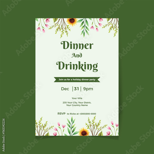 Watercolor Holiday Party flyer for floral design with flowers and candles. Vector illustration