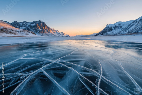 Cracks in the ice creating intricate patterns on a frozen lake photo