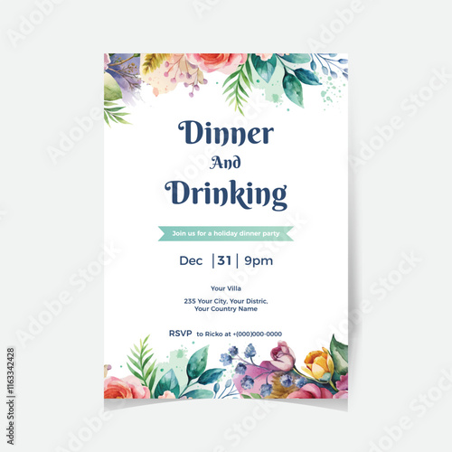 Watercolor Holiday Party flyer for floral design with elegant flowers template. Vector illustration