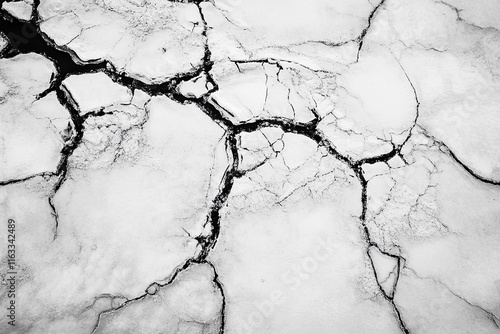 Cracks in the ice creating intricate patterns on a frozen lake photo