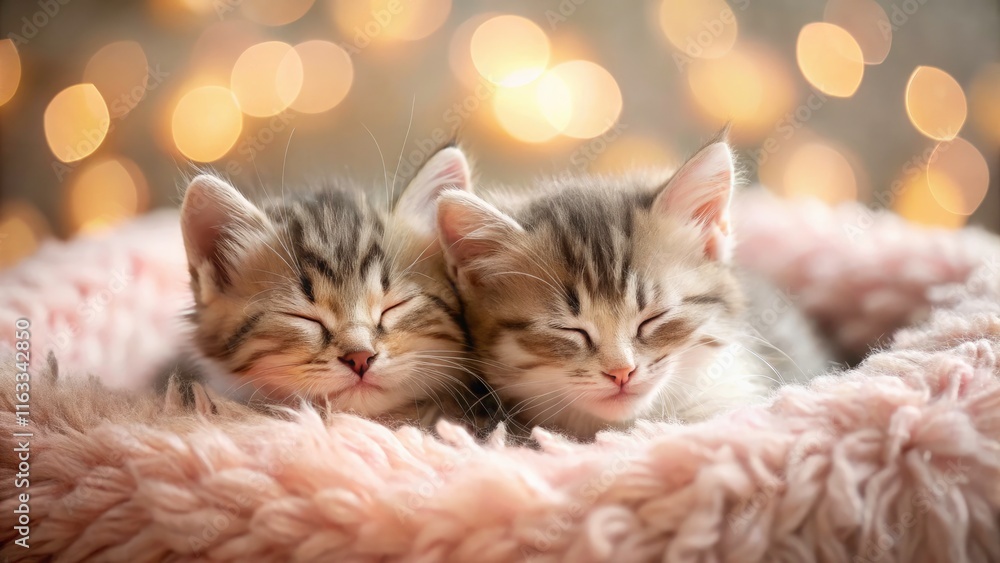 Adorable Kittens Sleeping Together on Pink Fluffy Plaid - Cozy Home Scene with Bokeh Effect, Cute Pets in Love, Close-Up of Playful Cats' Pink Noses and Paws Adorable Kittens Sleeping Together on Pink Fluffy Plaid - Cozy Home Scene with Bokeh Effect, Cute Pets in Love, Close-Up of Playful Cats' Pink Noses and Paws