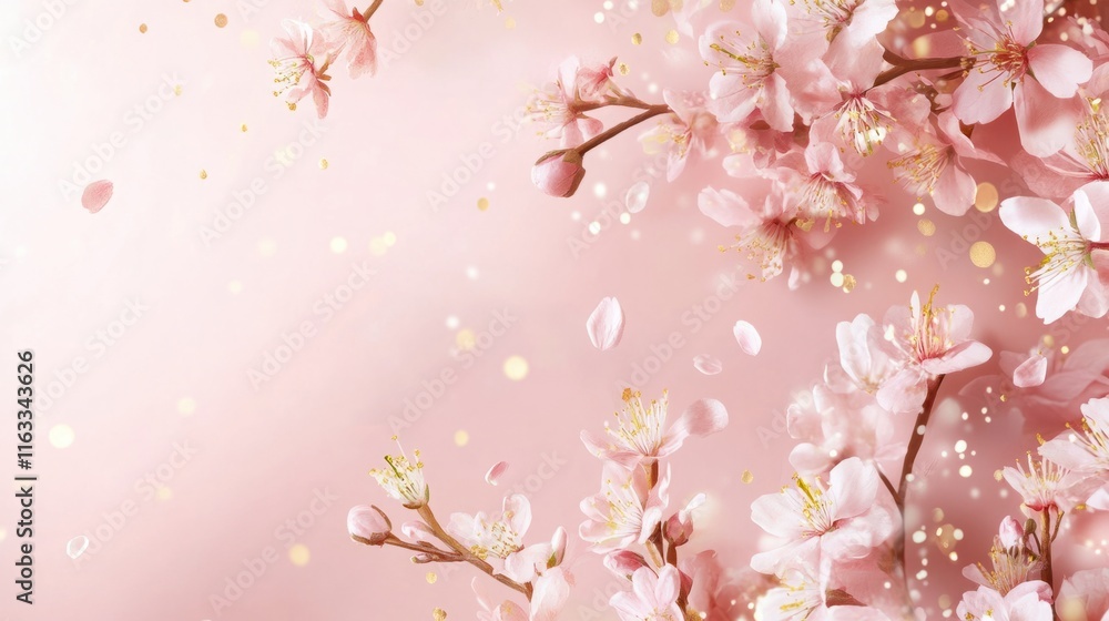 A pastel pink Japanese pattern background with delicate cherry blossoms and golden accents for New Year decor A pastel pink Japanese pattern background with delicate cherry blossoms and golden accents for New Year decor